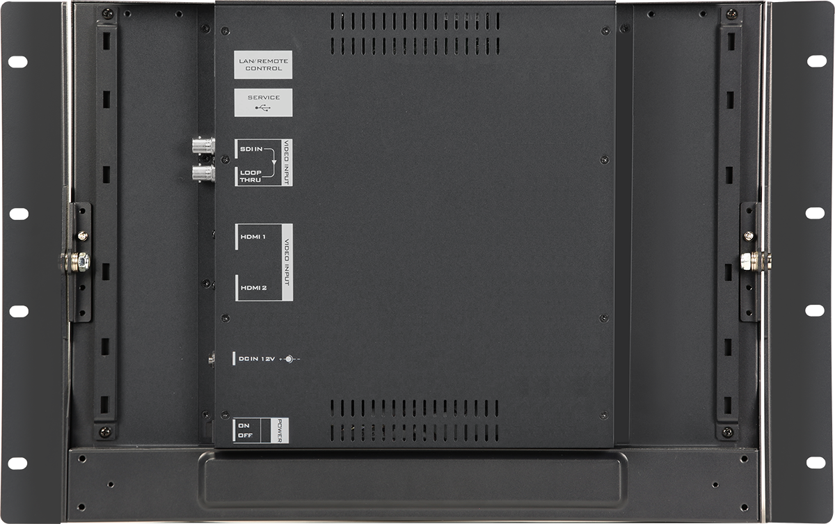 Datavideo TLM-170LR rear panel showing SDI input and loop-through, two HDMI inputs and 12 V DC power