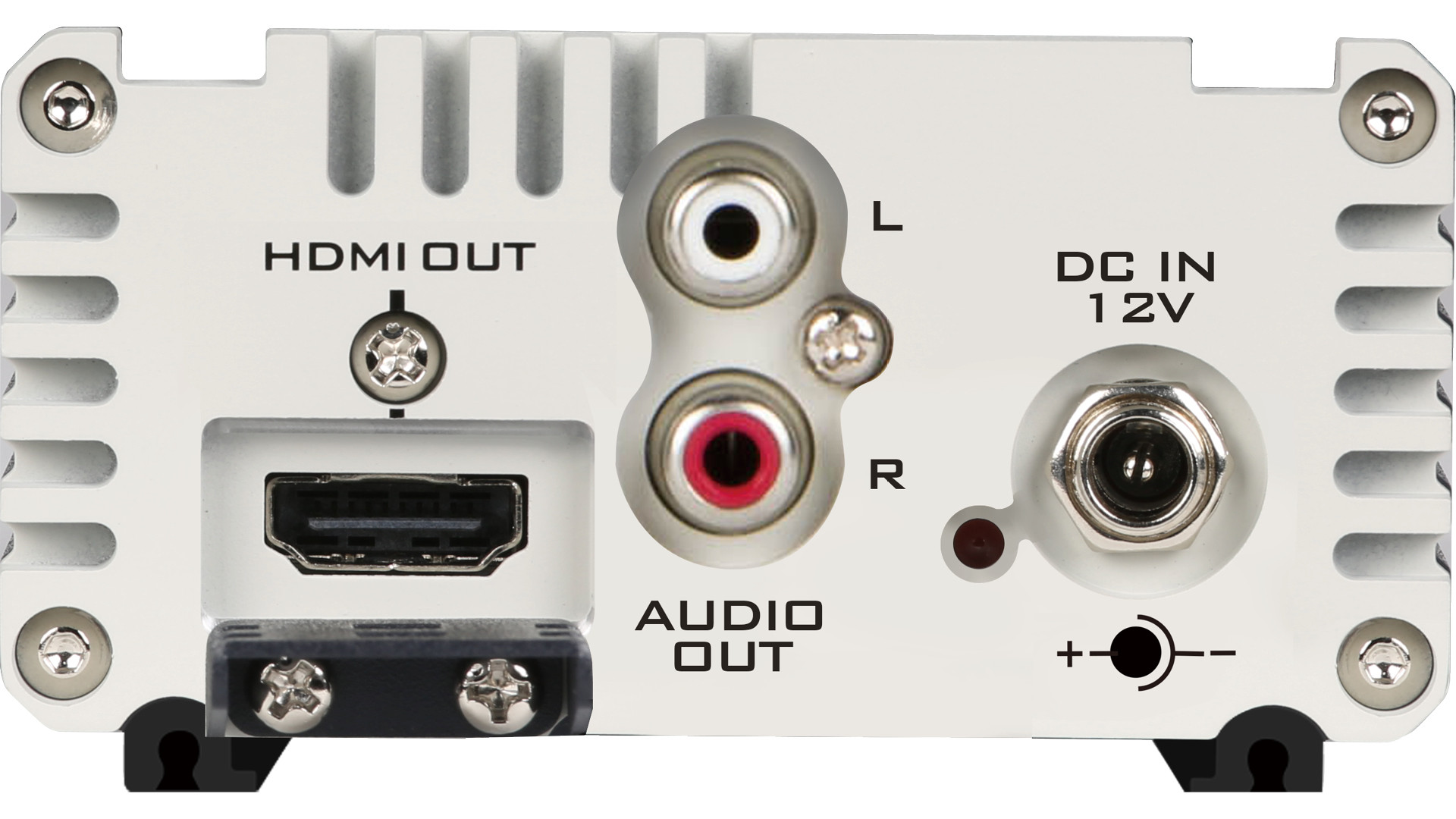 HDMI, stereo RCA audio and 12 V power connectors