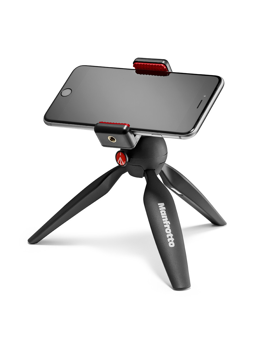 Manfrotto MCLAMP holding a phone on a PIXI mini tripod