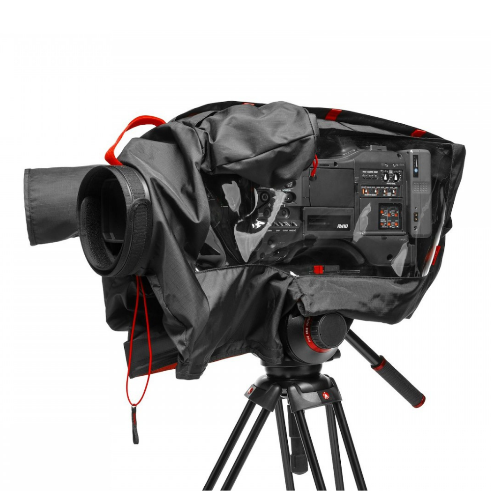 Manfrotto Pro Light RC-1 rain cover on a large camcorder