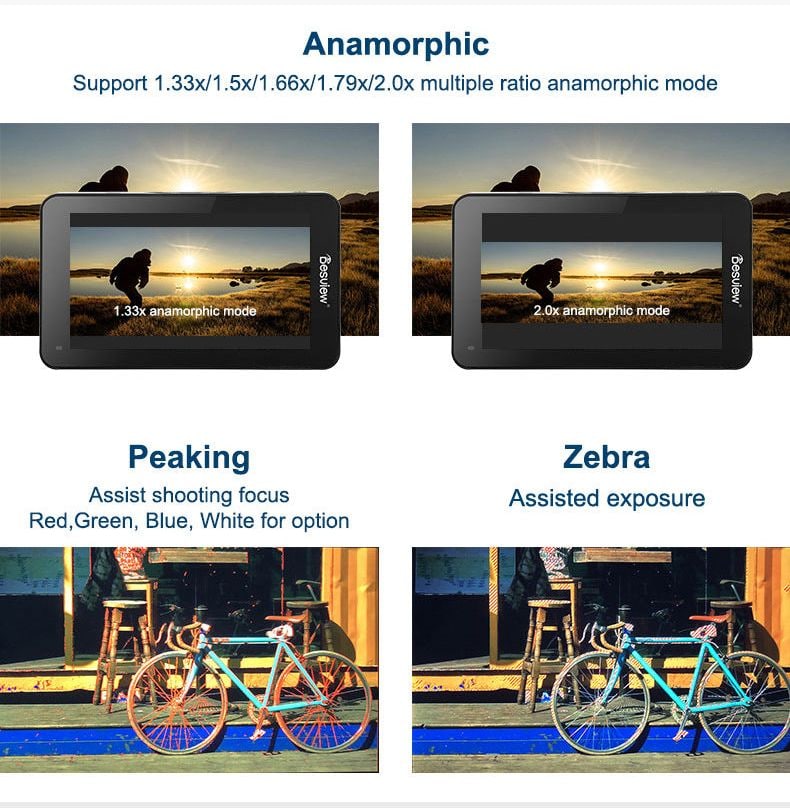Anamorphic mode, focus peaking and zebra