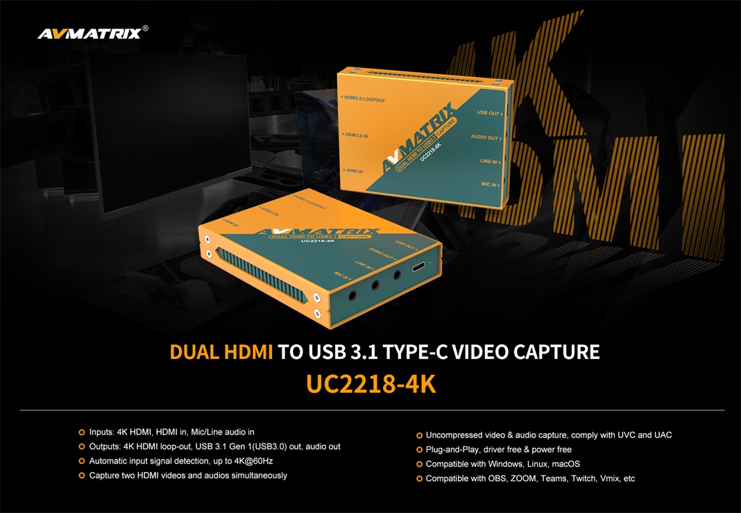 AVMATRIX UC2218-4K Dual HDMI to USB-C video capture