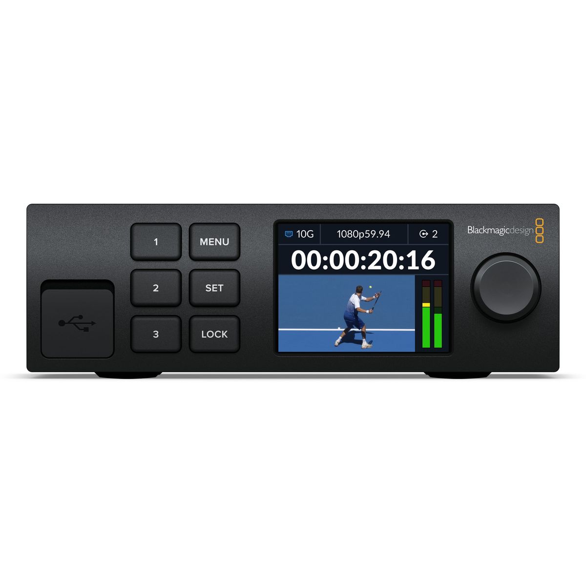 Front panel and colour LCD of Blackmagic 2110 IP Converter 3x3G