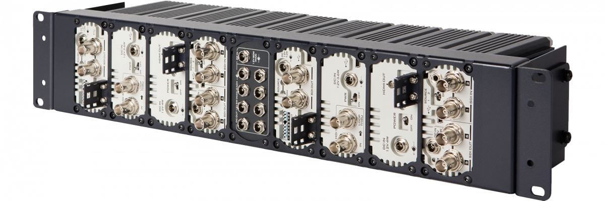 Rear view of a Datavideo RMK-2 rack installation with converters fitted