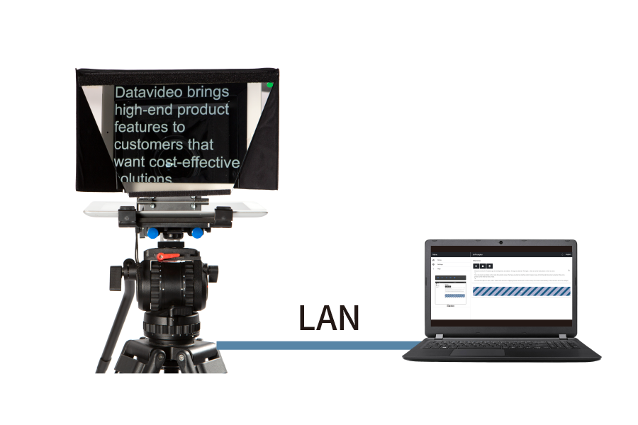Datavideo TP-500 teleprompter and laptop for local network script control