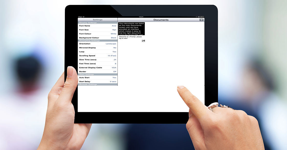 Tablet displaying a script and dvPrompter Plus app settings