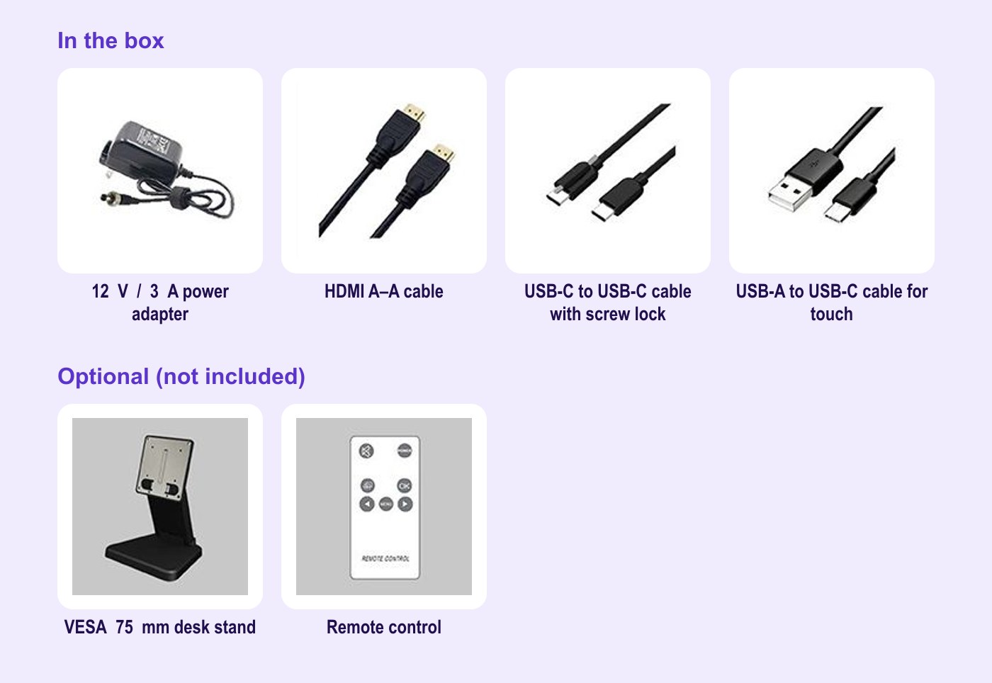 Lilliput FA1019-NP/C/T – Box contents and optional accessories