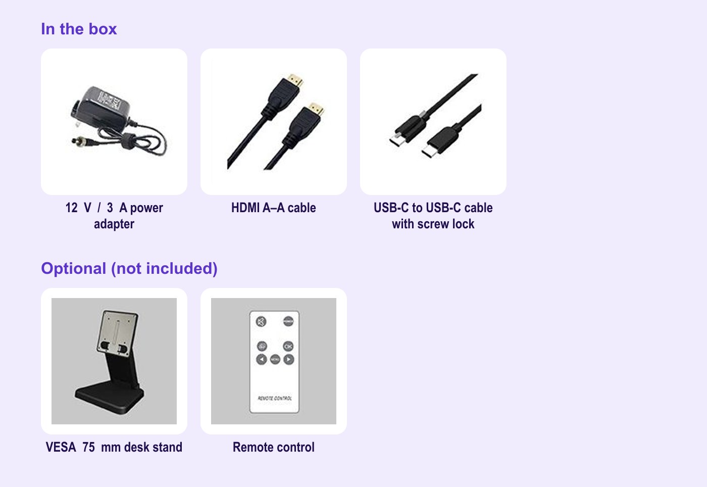 Lilliput FA1019-NP/C – Box contents and optional accessories