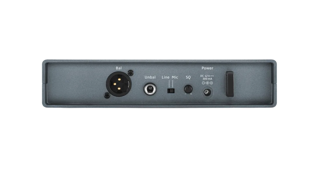 Audio connections and Mic/Line switch on the Sennheiser EM-XSW 1 receiver