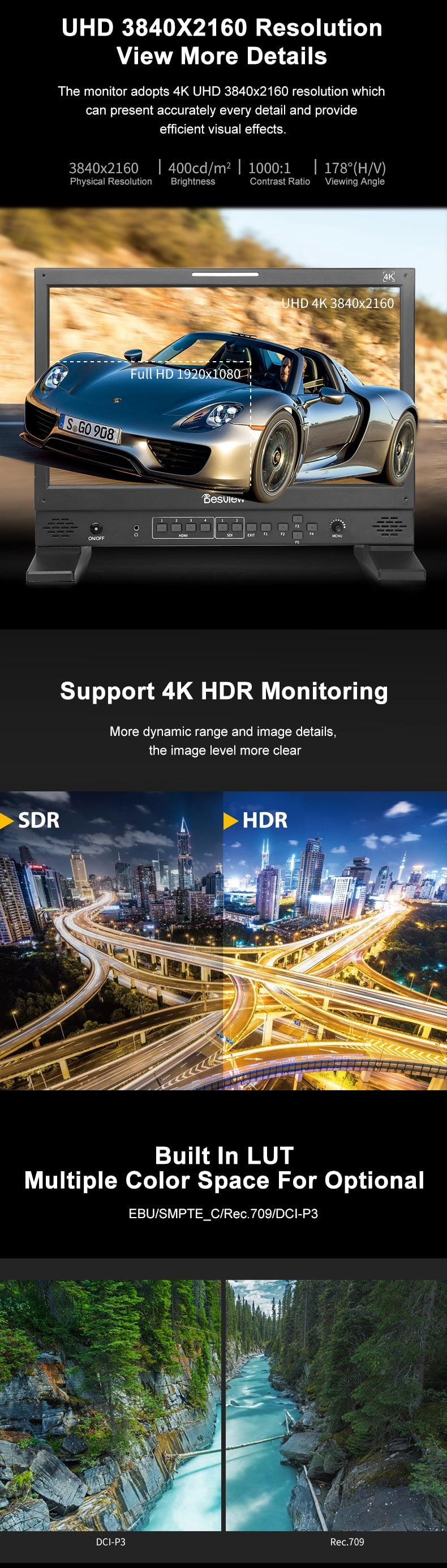 4K UHD resolution, HDR and built-in LUTs