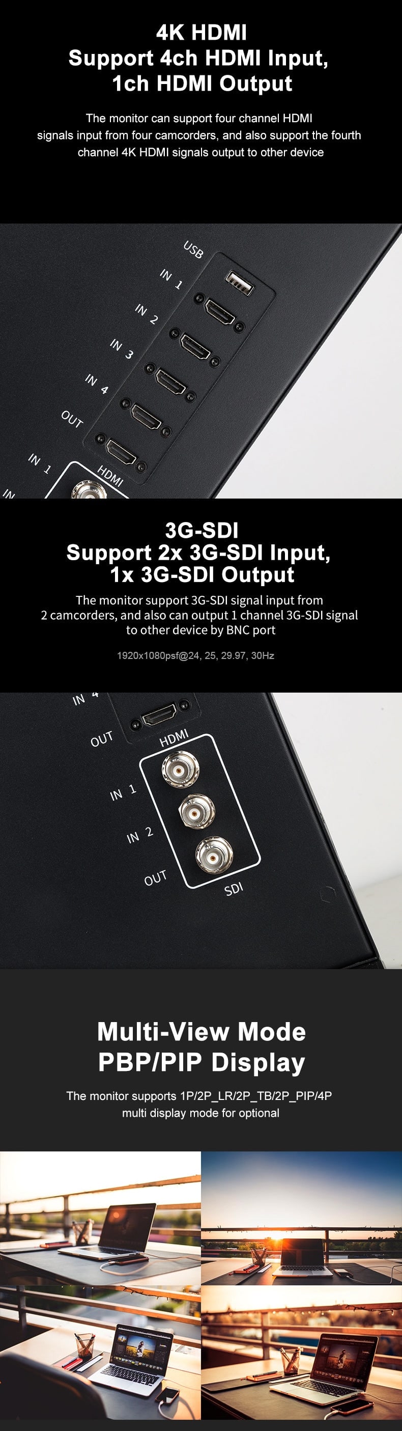 Four HDMI, two 3G-SDI and multiview