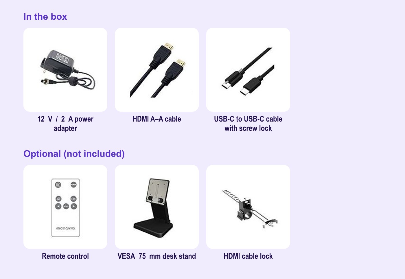 Lilliput 719/C – Box contents and optional accessories