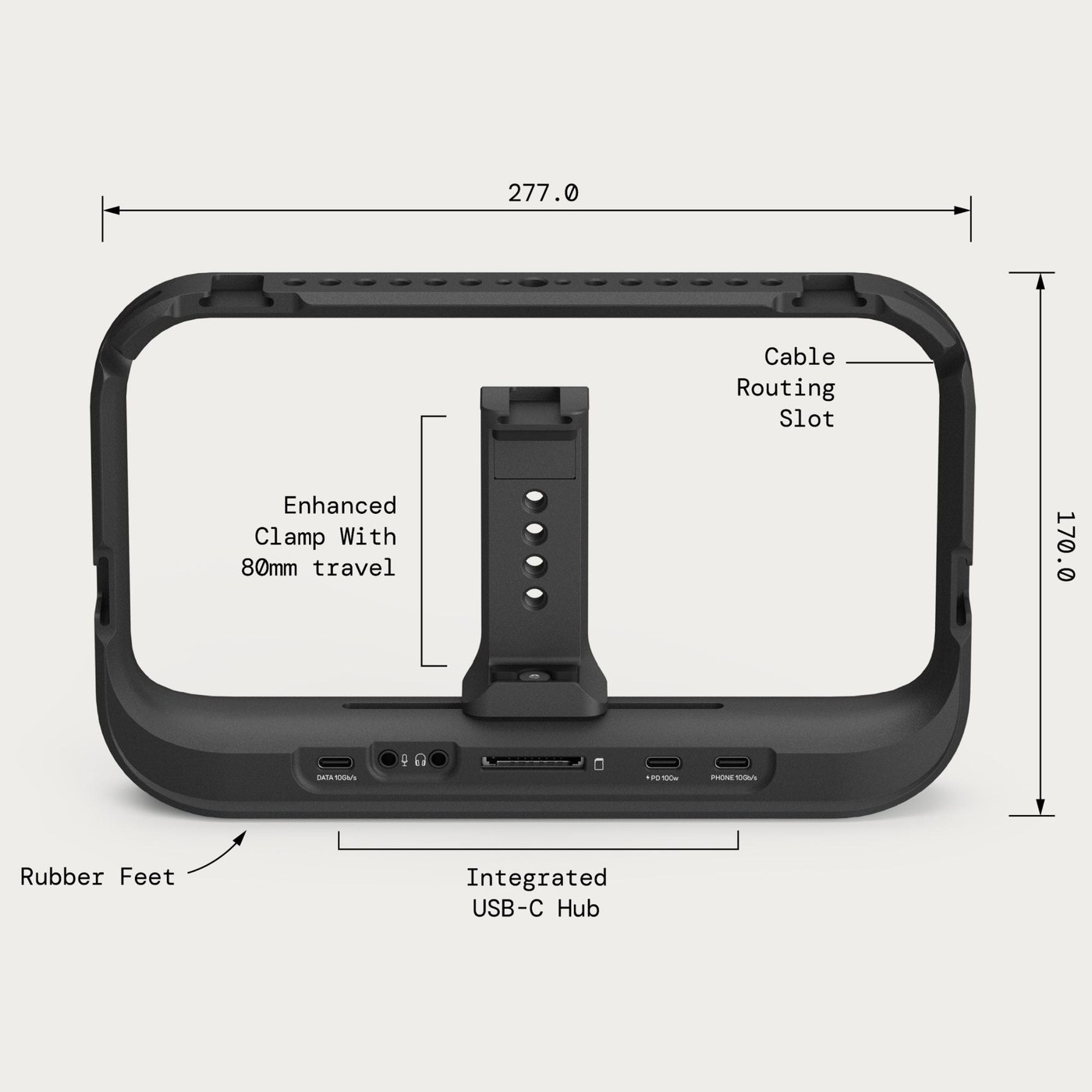 Moment SuperCage Mobile Cage with USB-C Hub – Dimensions and hub