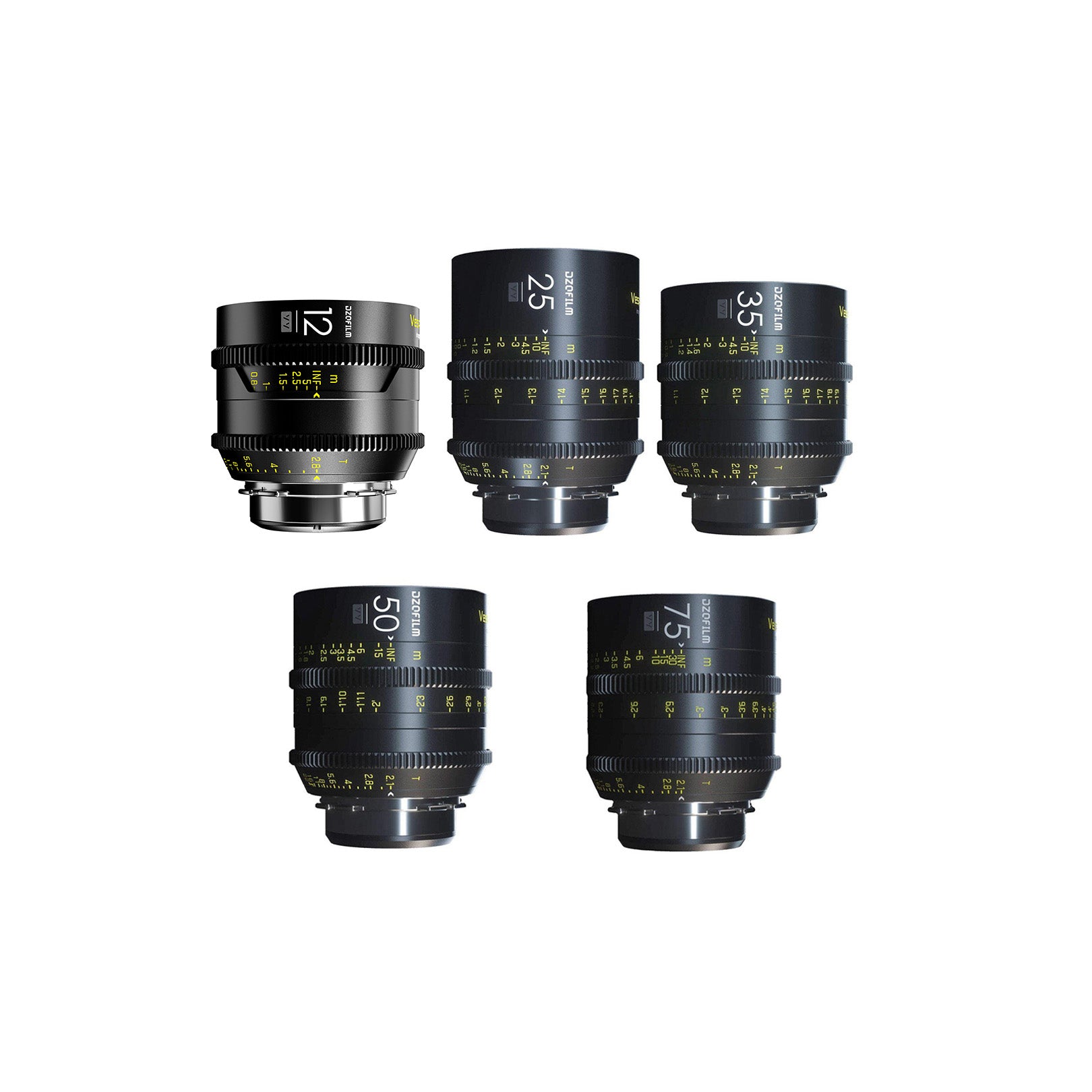 Five DZOFilm Vespid Prime lenses: 12, 25, 35, 50 and 75mm