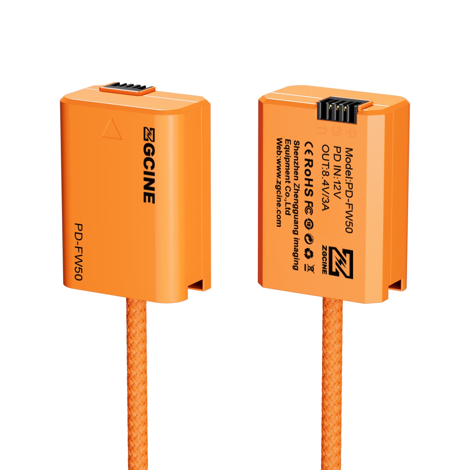 Front and rear view of the ZGCINE PD-FW50 dummy battery