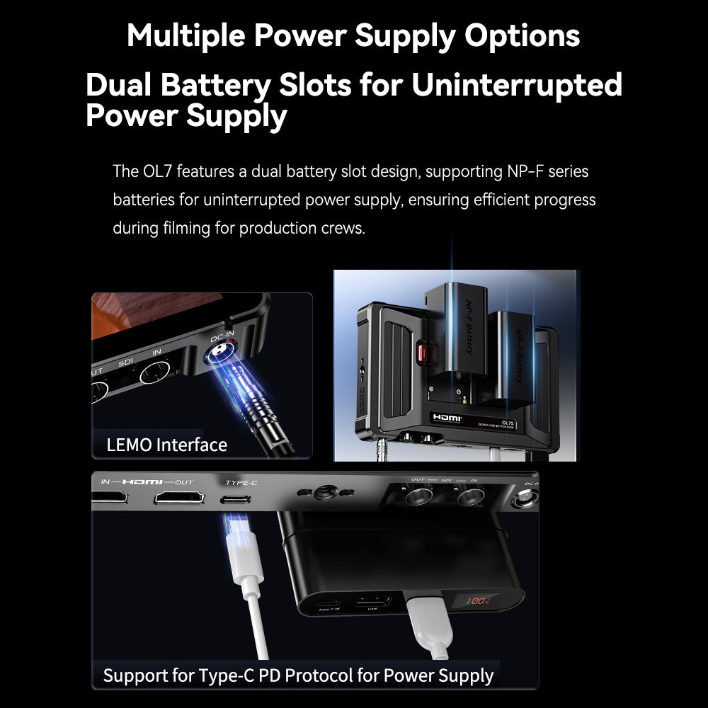 Desview OL7S – Power from NP-F, LEMO or USB-C