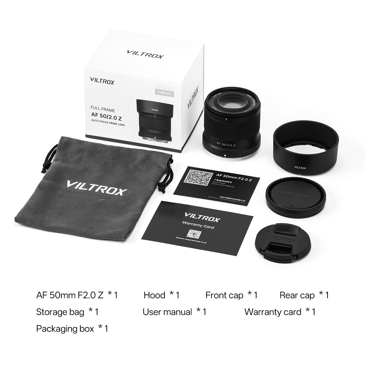 Package contents Viltrox AF 50 mm F2.0 Z