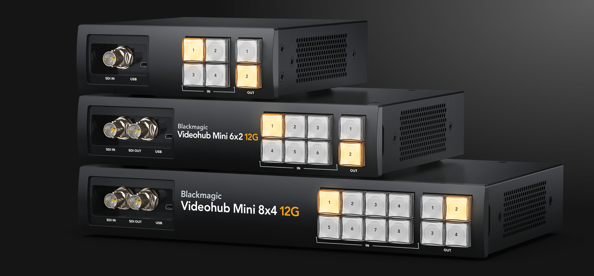 Blackmagic Videohub Mini family – models and front controls