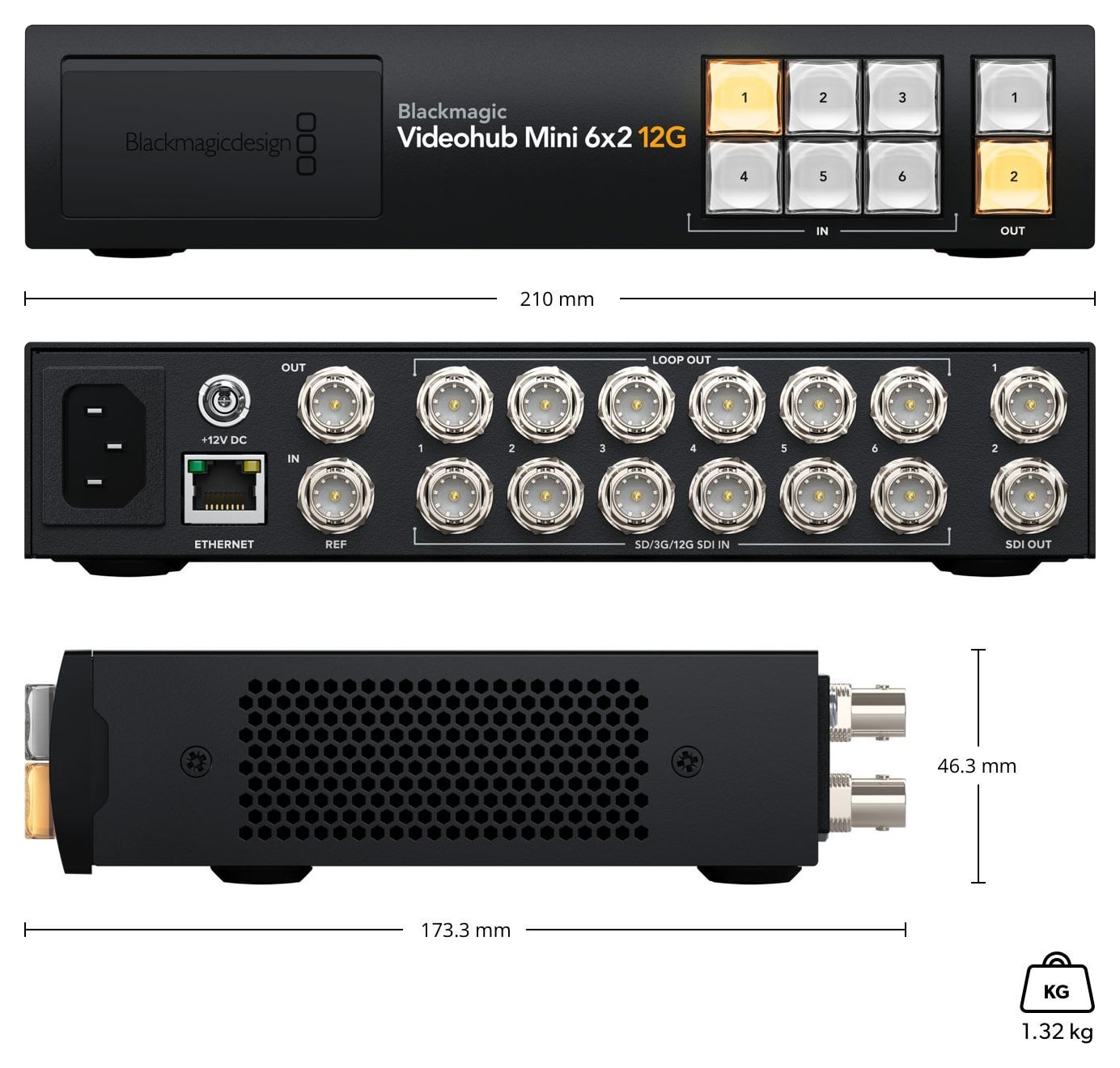 Blackmagic Videohub Mini 6x2 12G – Dimensions and weight
