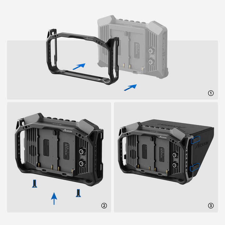 Installation of the Accsoon ACC33 cage and hook-and-loop sunhood straps