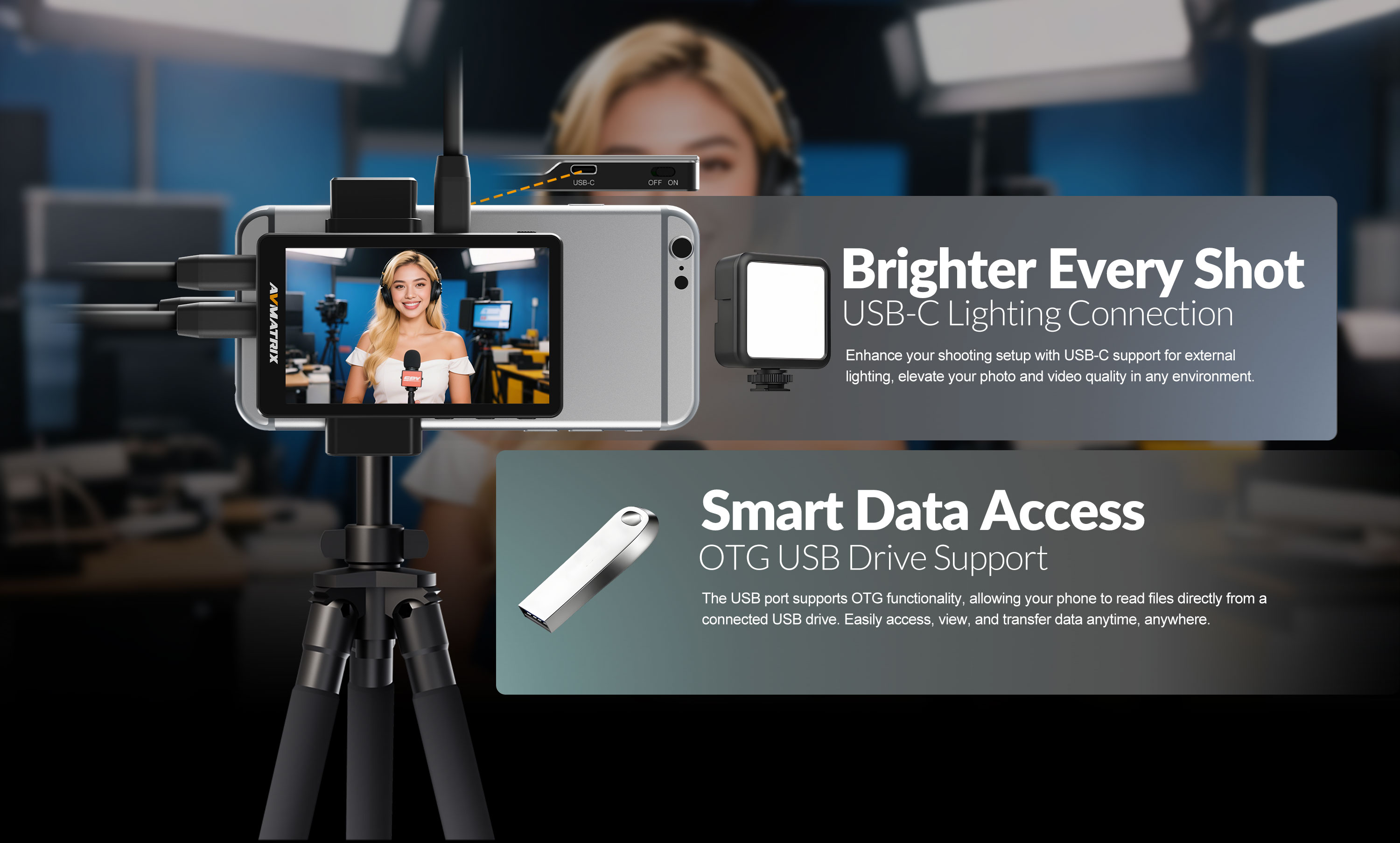 AVMATRIX VM40 USB-C lighting and OTG support