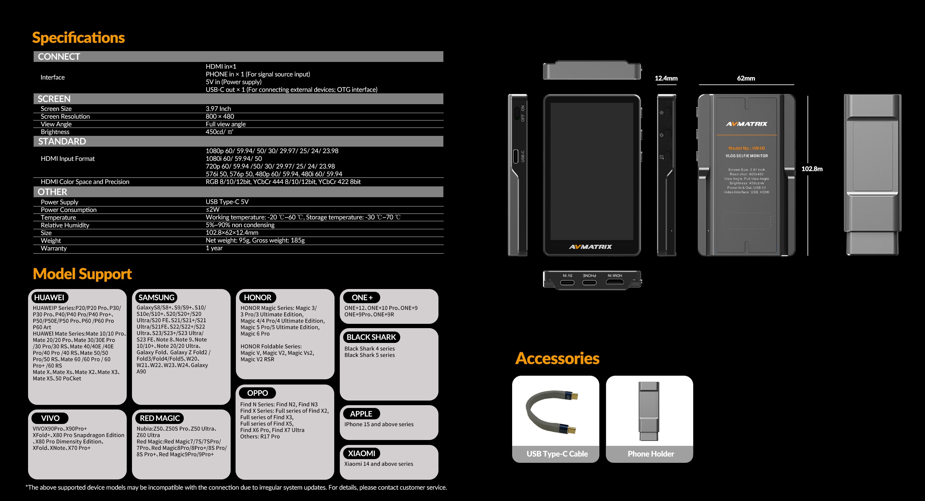 AVMATRIX VM40 specifications, support and accessories