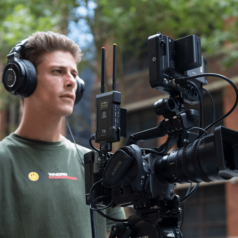 Atomos TX transmitter mounted on a camera rig during a shoot