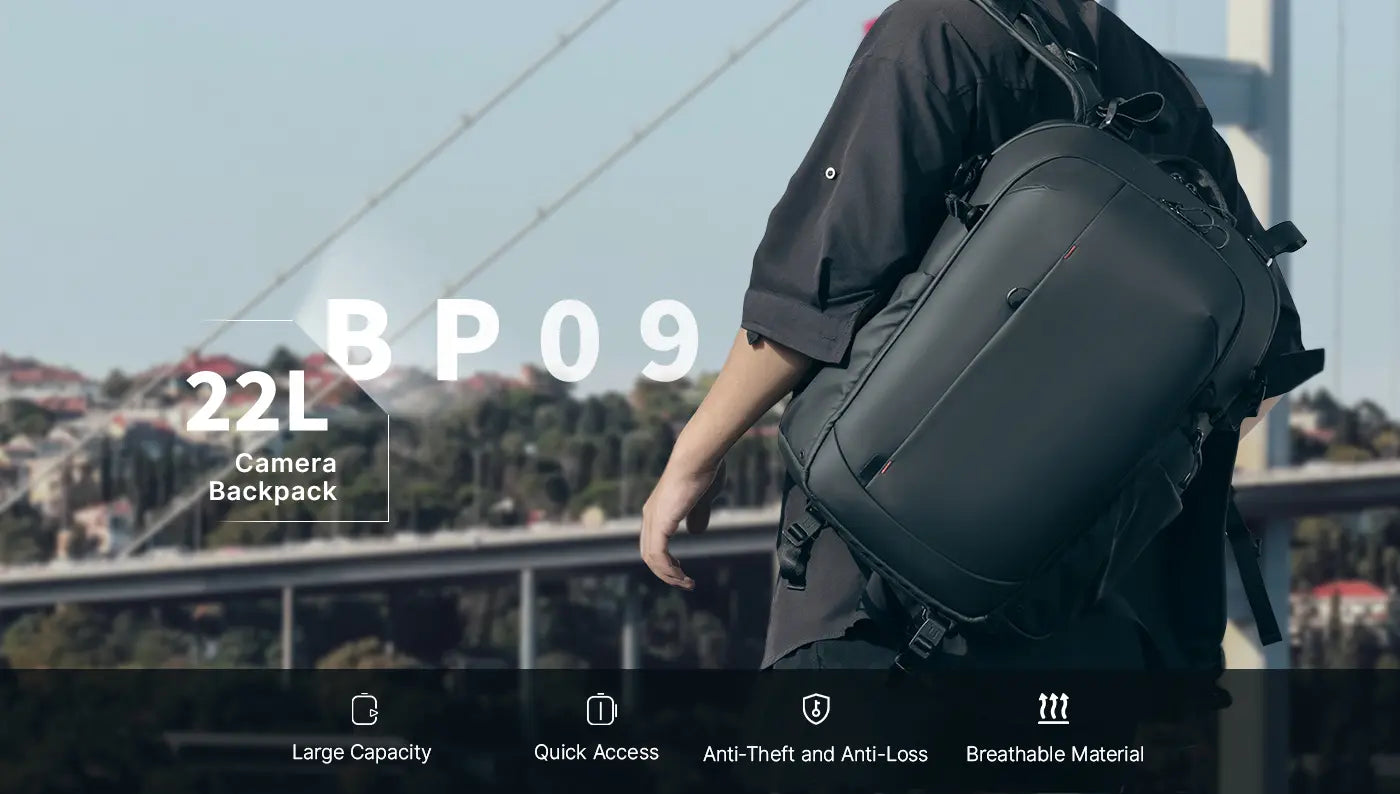 A 22-litre camera backpack for travel and everyday city work. It combines a configurable padded interior, fast side access, a compartment for a 16-inch laptop and a water-repellent outer shell.