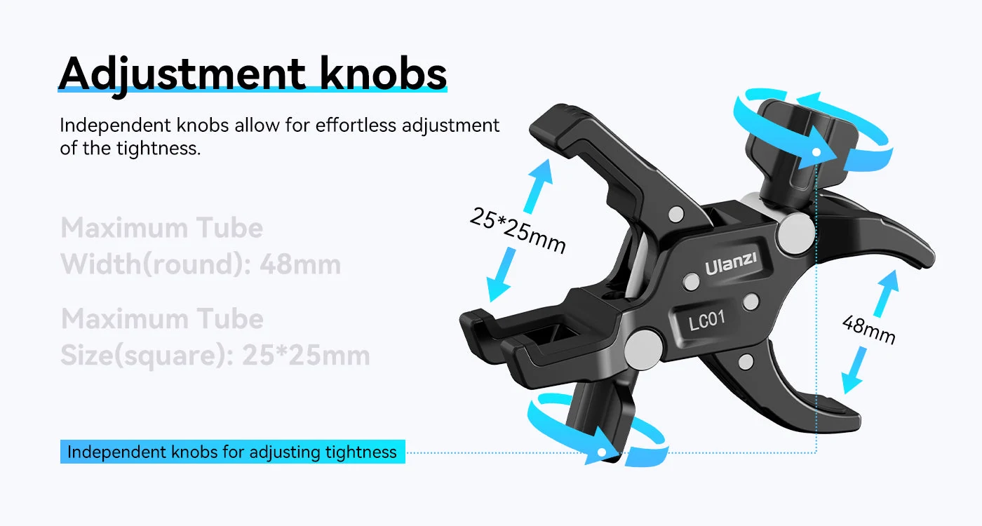 Ulanzi LC01 clamp range and adjustment infographic