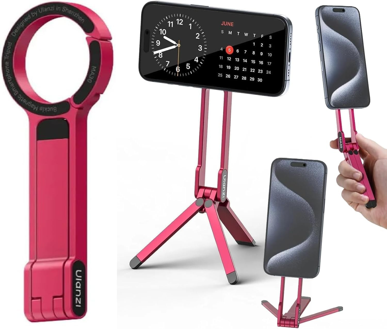 Ulanzi MA30 red phone tripod in folded, handheld and stand modes