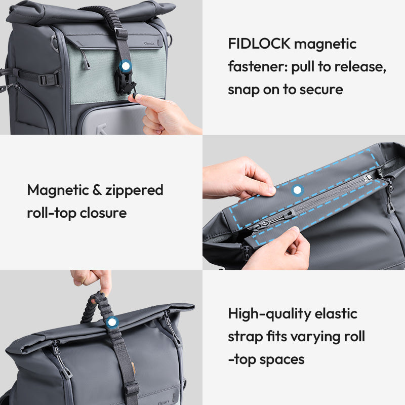 Magnetic and zippered roll-top closure