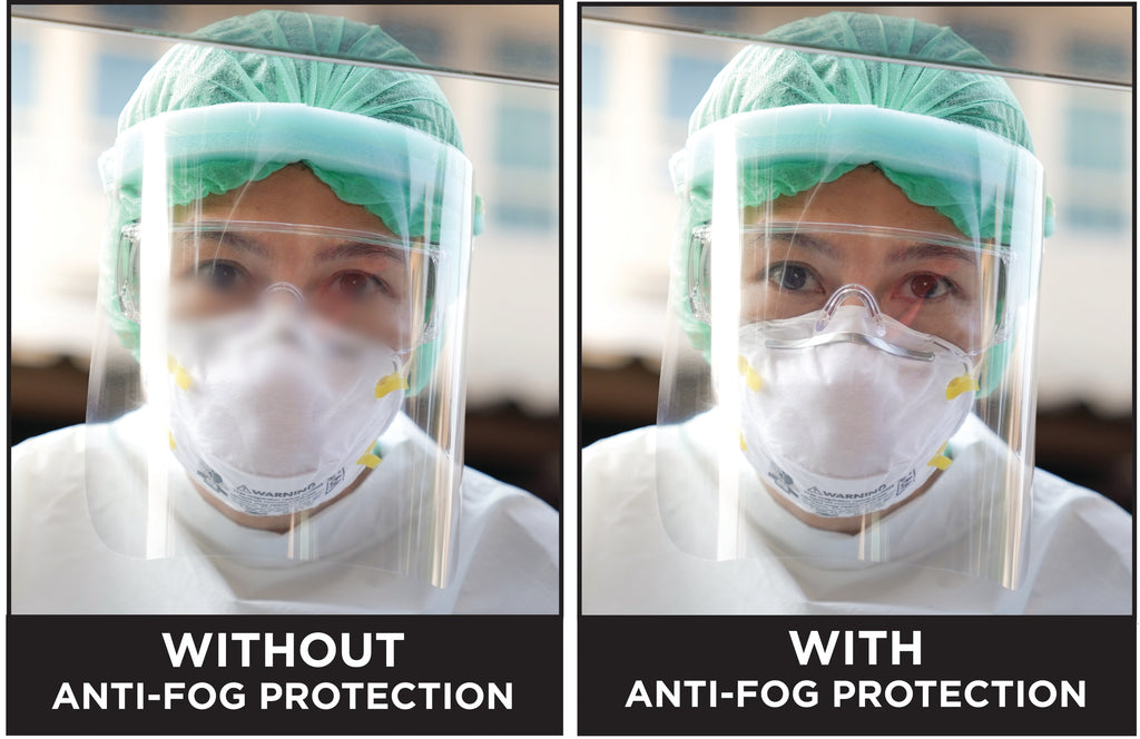 Protective face shield shown before and after treatment