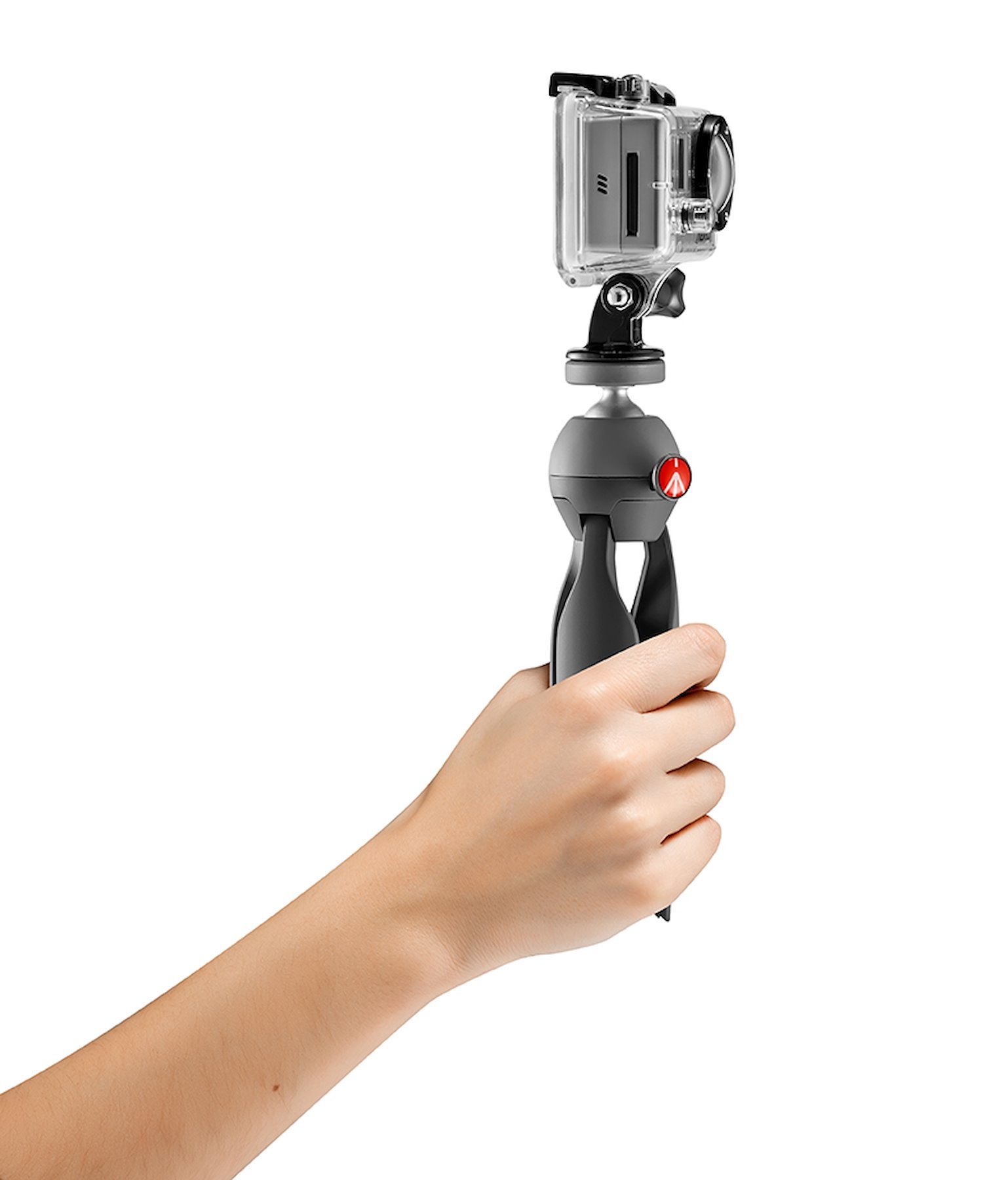 PIXI Xtreme folded as a handgrip with an illustrative GoPro camera, not included