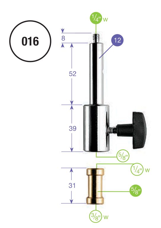 Manufacturer dimensioned drawing of Manfrotto 016 and its 119 insert