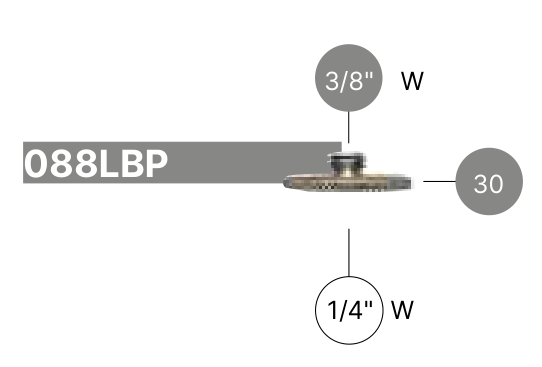 Exact manufacturer drawing of 088LBP, showing external 3/8 and internal 1/4 threads and 30 mm flange