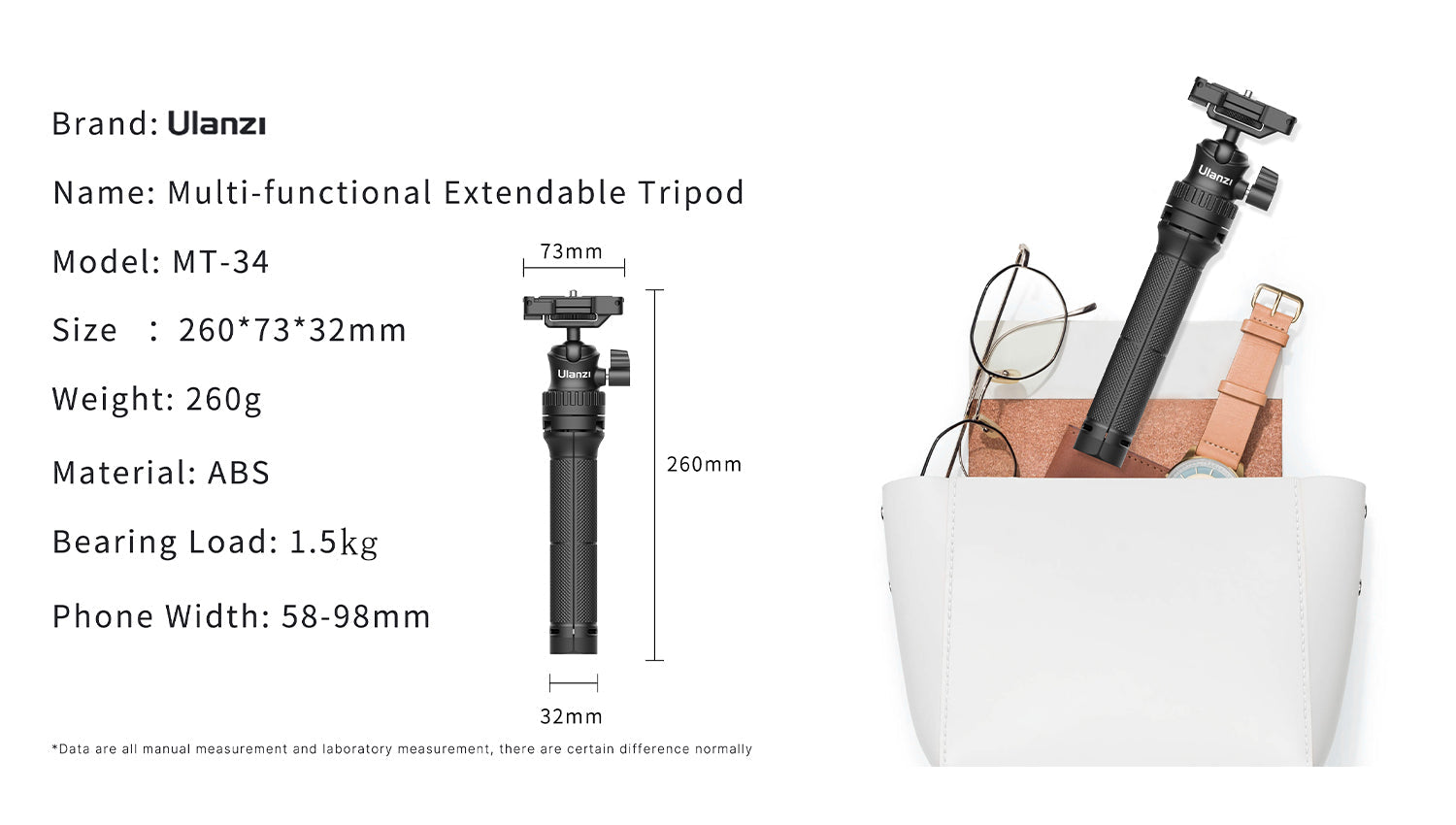 Ulanzi MT-34 infographic with dimensions, weight and payload