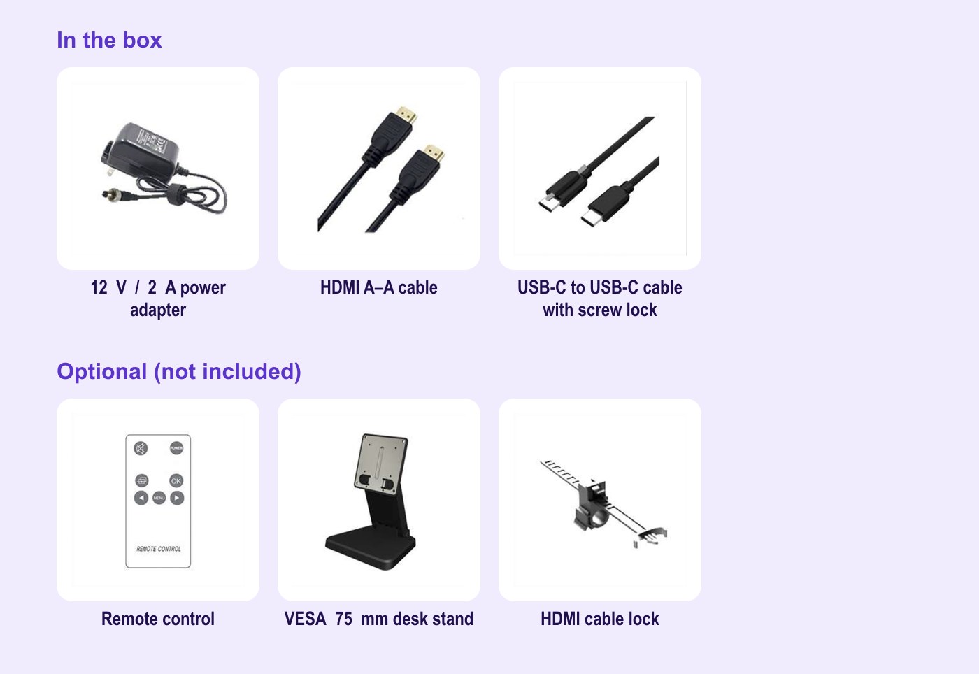 Lilliput 819/C – Box contents and optional accessories