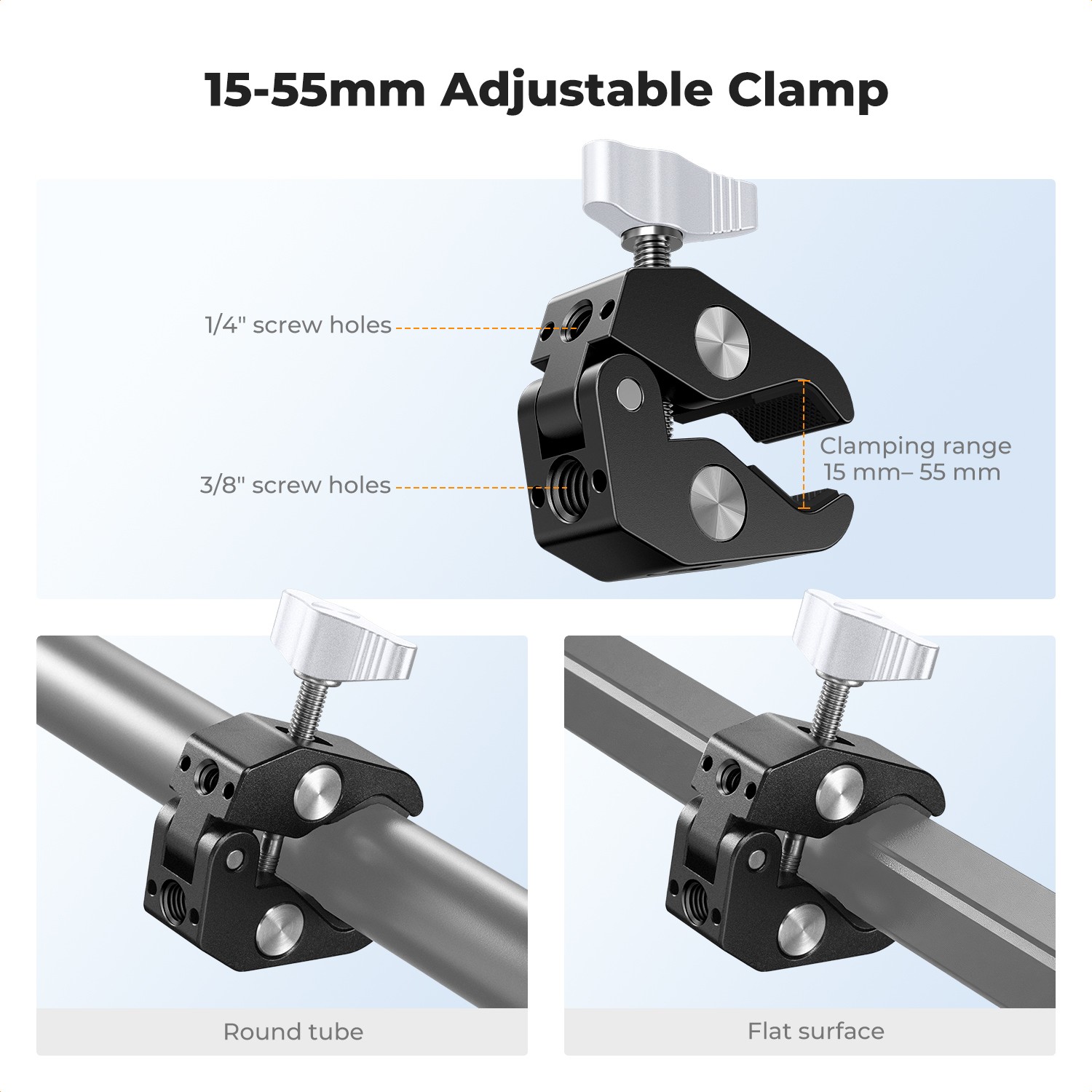 Super clamp gripping round tubes and flat surfaces