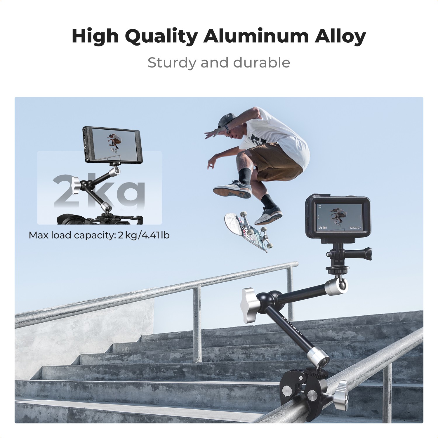 K&F Concept magic arm supporting an action camera outdoors