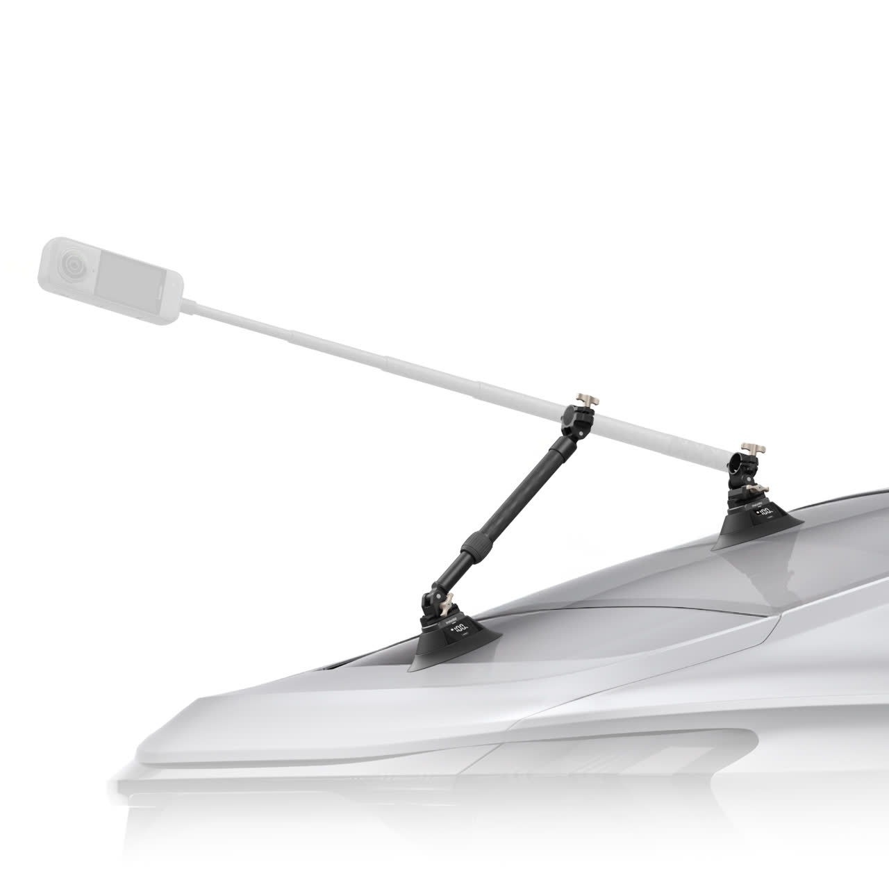 Insta360 Dual Electric Suction Cup Car Mount on a car roof with the optional Action Invisible Selfie Stick