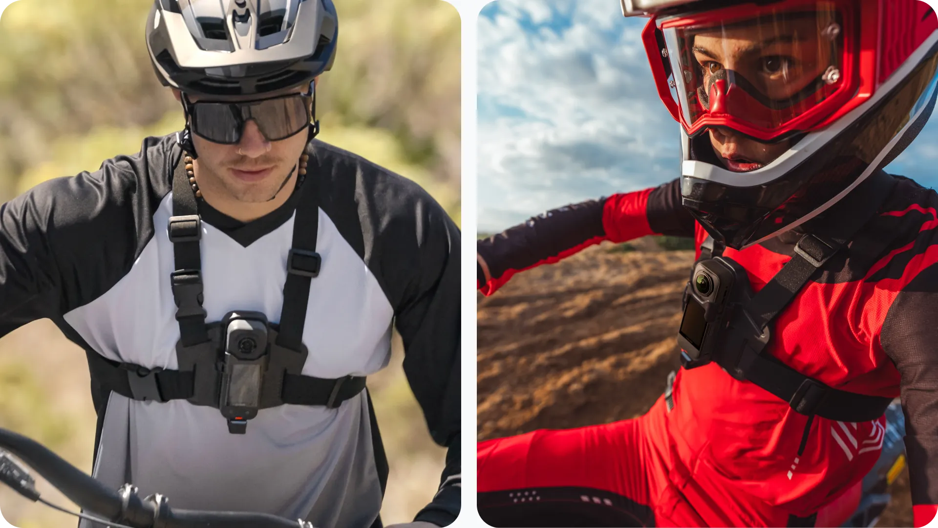 Insta360 X5 camera mounted on the chest harness for first-person footage