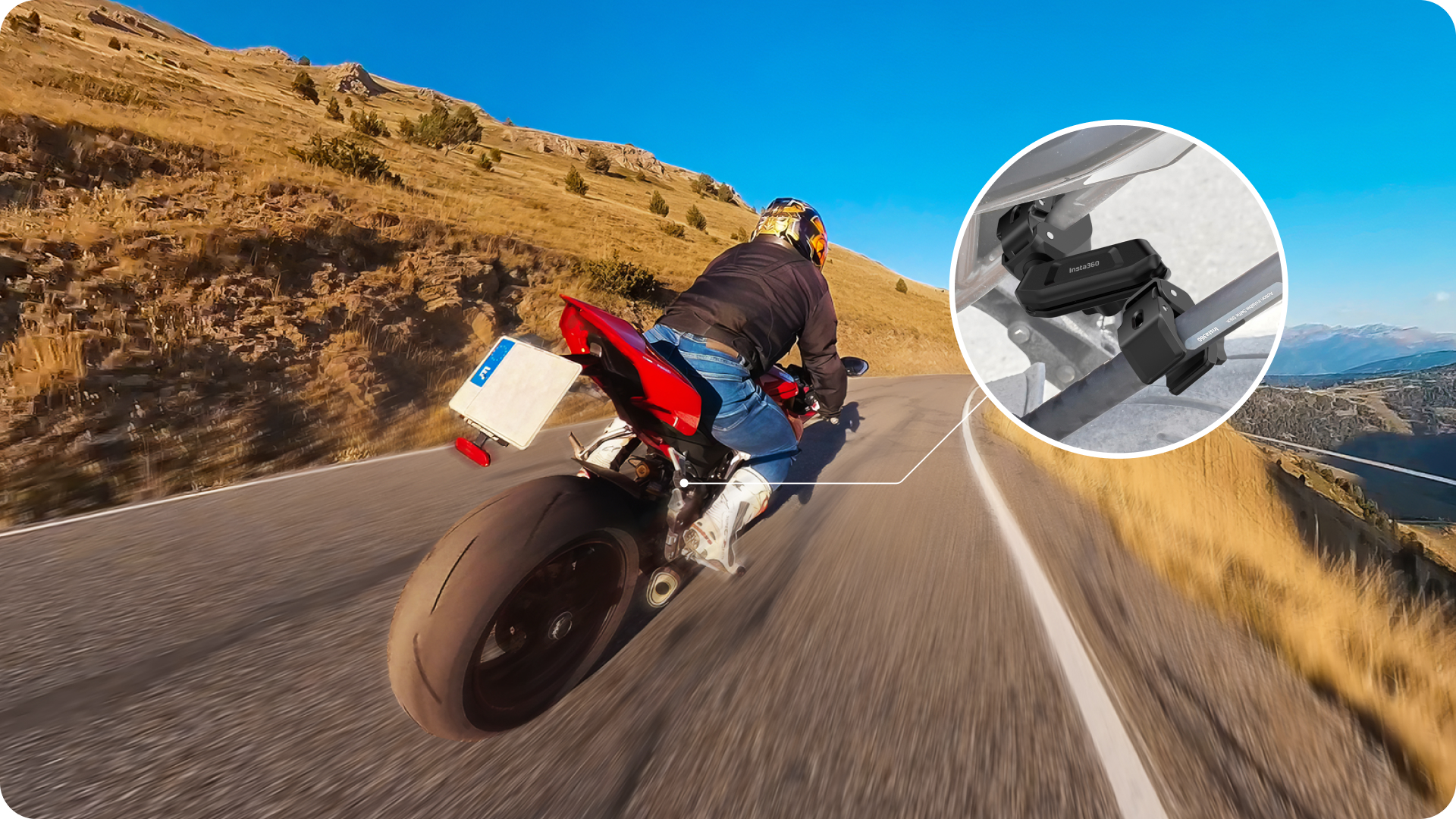 Insta360 Crab Clamp securing a camera for motorcycle footage
