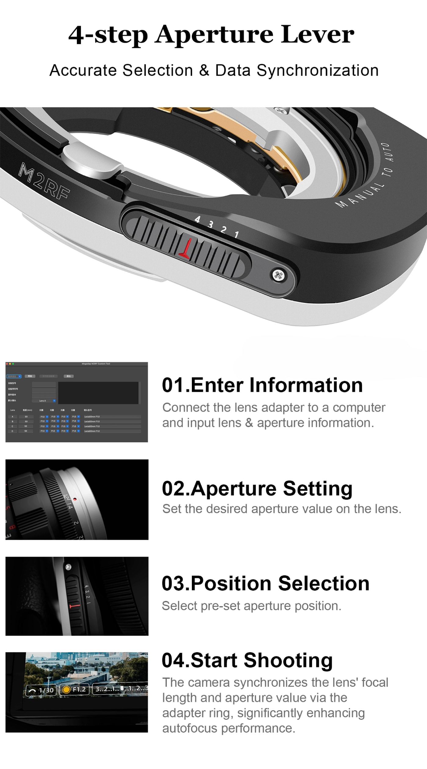 Megadap M2RF – Set the aperture on the lens, the adapter passes it to the camera