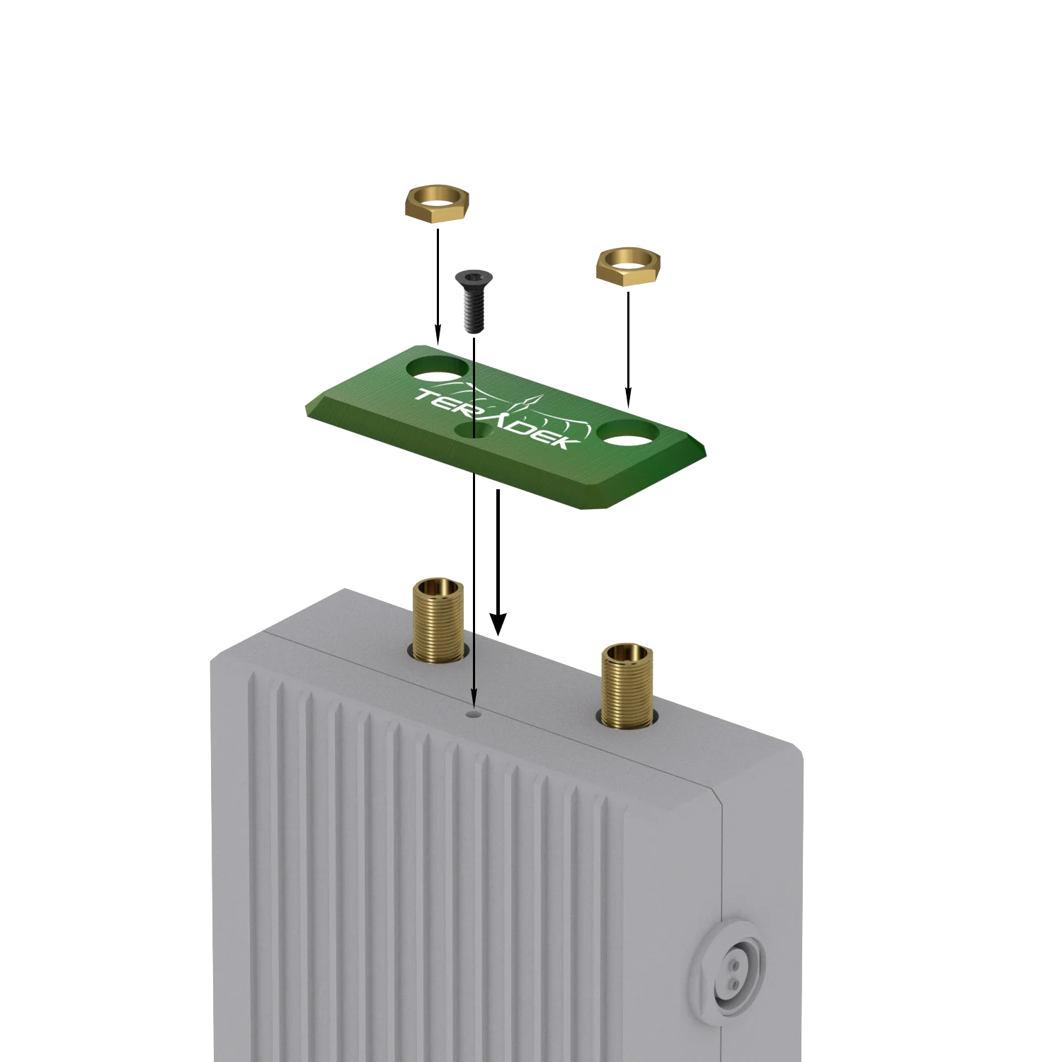 Teradek 11-0782 green plate shown above a Bolt 1000/3000 transmitter for installation