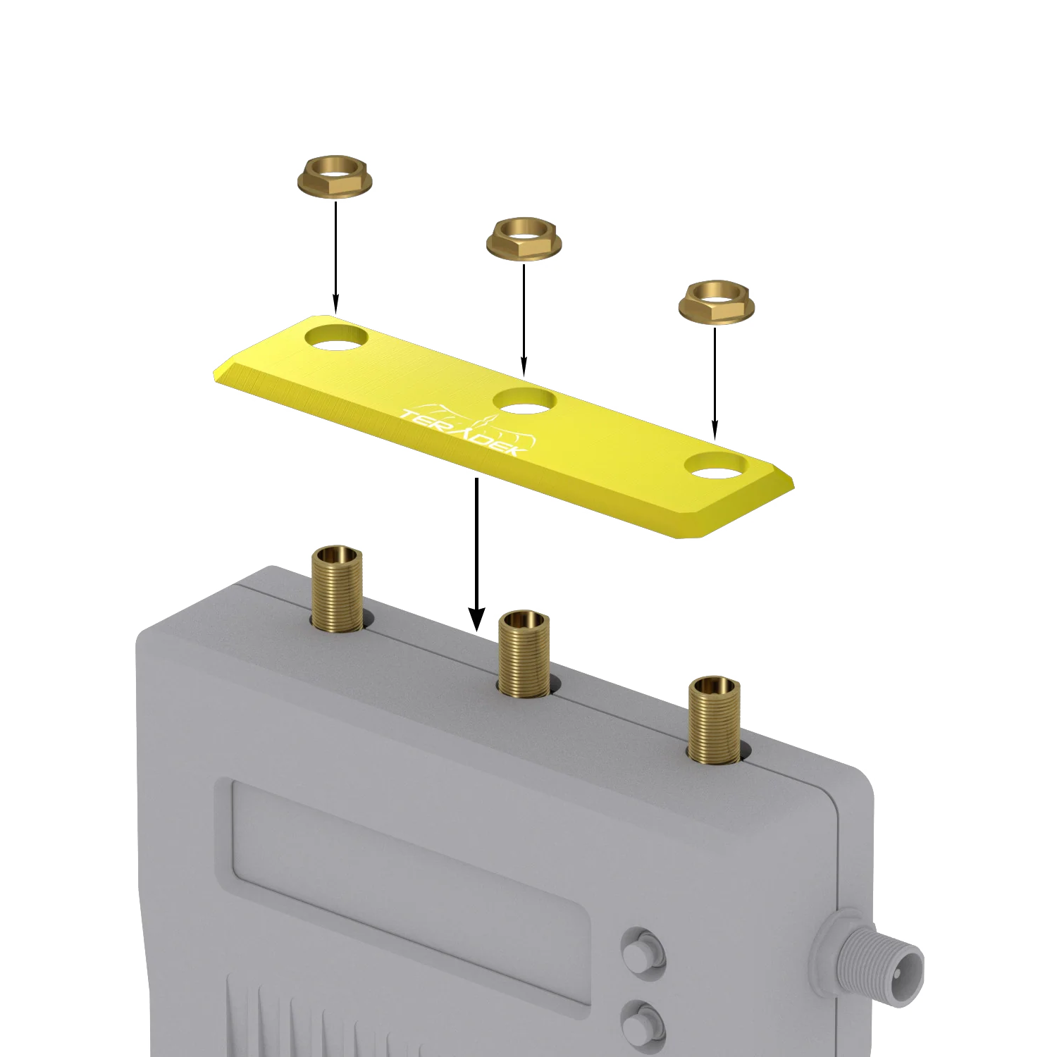 Teradek 11-0780-1 yellow identification plate positioned over a Bolt 1000/3000 receiver