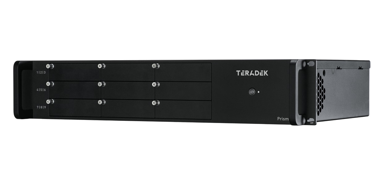 Teradek Prism 802 empty base rack chassis, three-quarter view