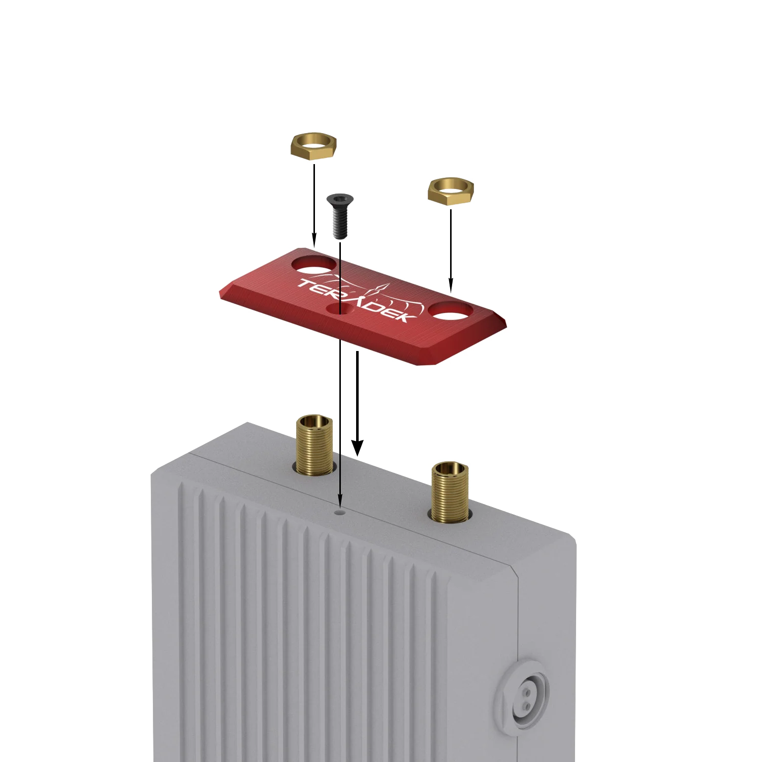 Teradek BIT-781 red plate positioned for installation on a Bolt 1000/3000 transmitter