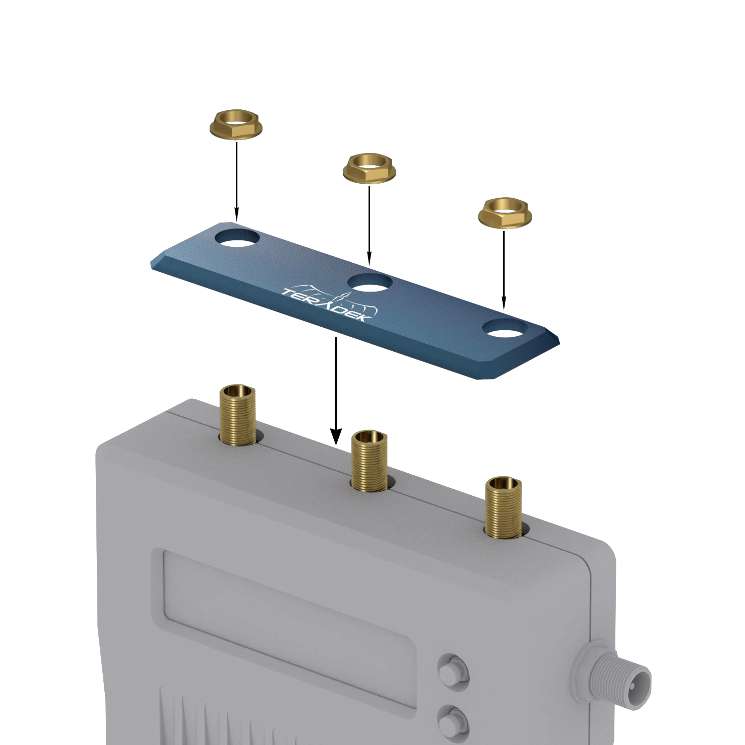 Teradek 11-0783-1 blue identification plate positioned over a Bolt 1000/3000 receiver