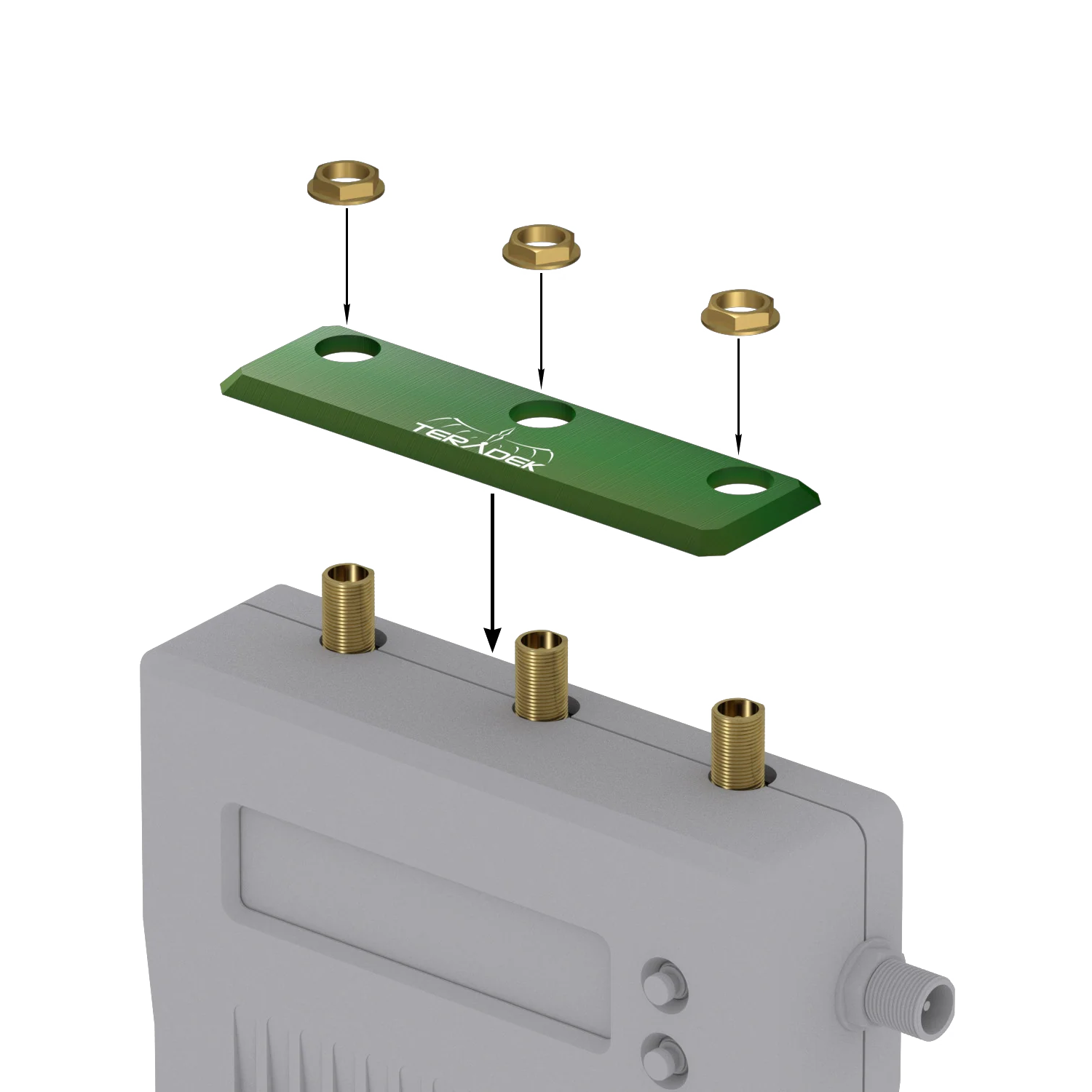 Teradek 11-0782-1 green identification plate positioned over a Bolt 1000/3000 receiver