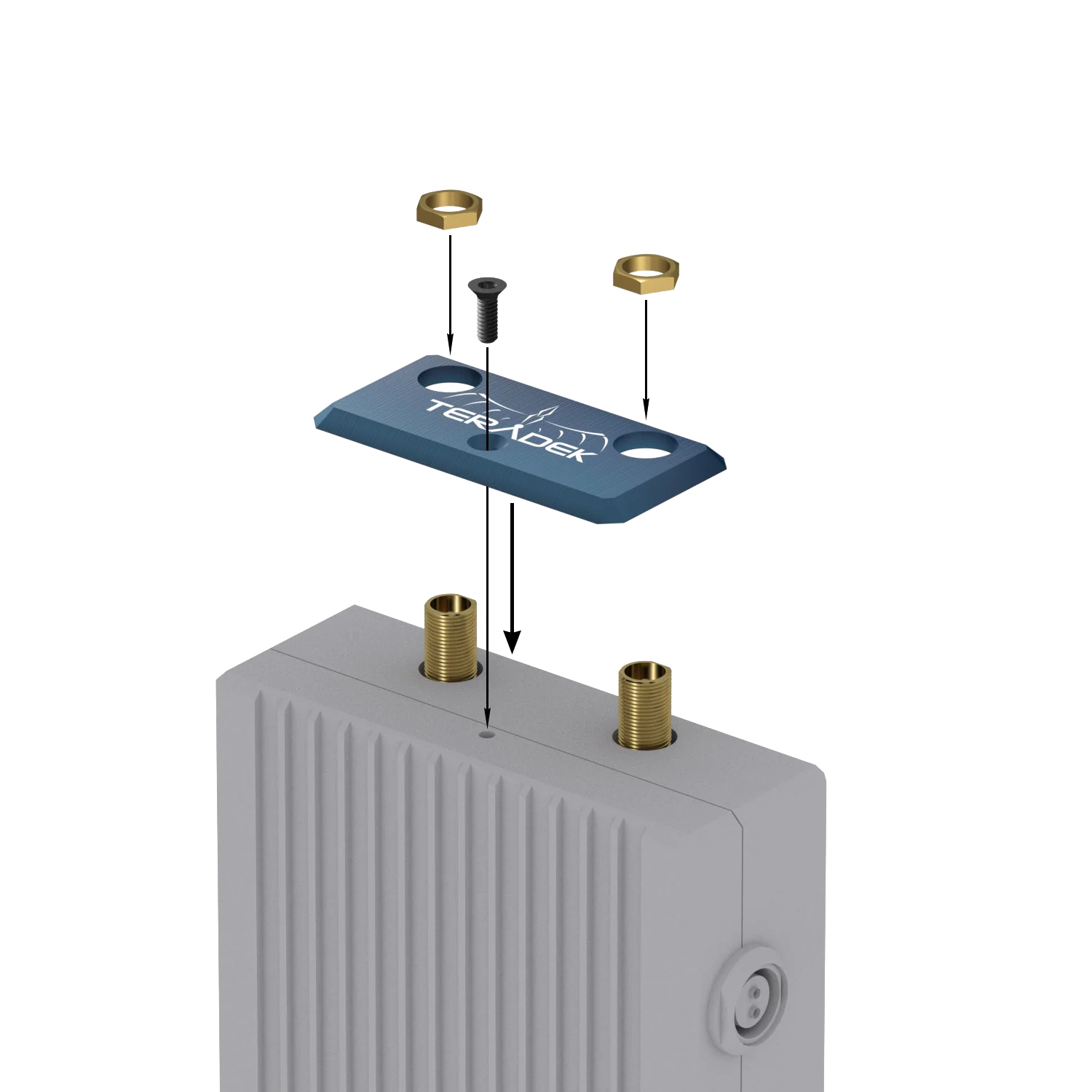 Teradek 11-0783 blue identification plate positioned over a Bolt 1000/3000 transmitter